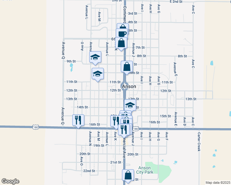 map of restaurants, bars, coffee shops, grocery stores, and more near 1220 Avenue K in Anson