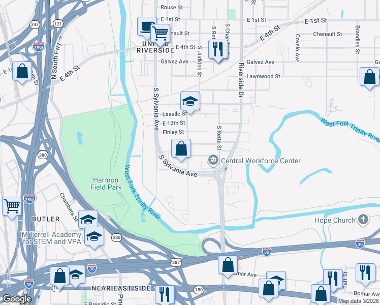 map of restaurants, bars, coffee shops, grocery stores, and more near 1201 South Sylvania Avenue in Fort Worth