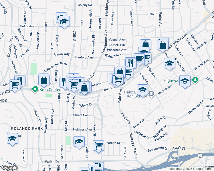 map of restaurants, bars, coffee shops, grocery stores, and more near 7242 University Avenue in La Mesa