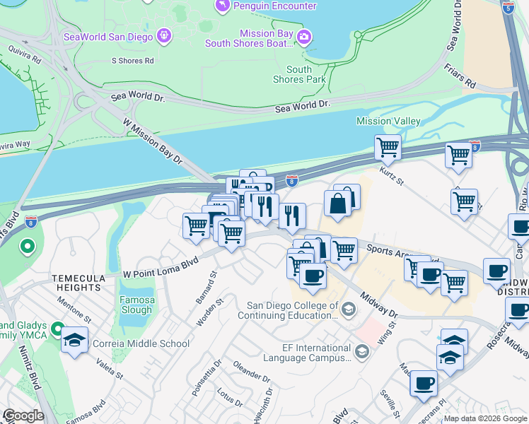 map of restaurants, bars, coffee shops, grocery stores, and more near 4004 Sports Arena Boulevard in San Diego