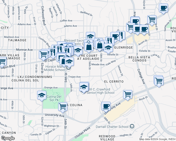map of restaurants, bars, coffee shops, grocery stores, and more near 4318 56th Street in San Diego