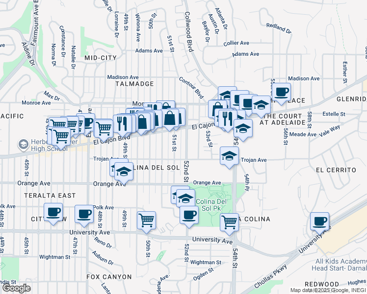 map of restaurants, bars, coffee shops, grocery stores, and more near 4322 52nd Street in San Diego