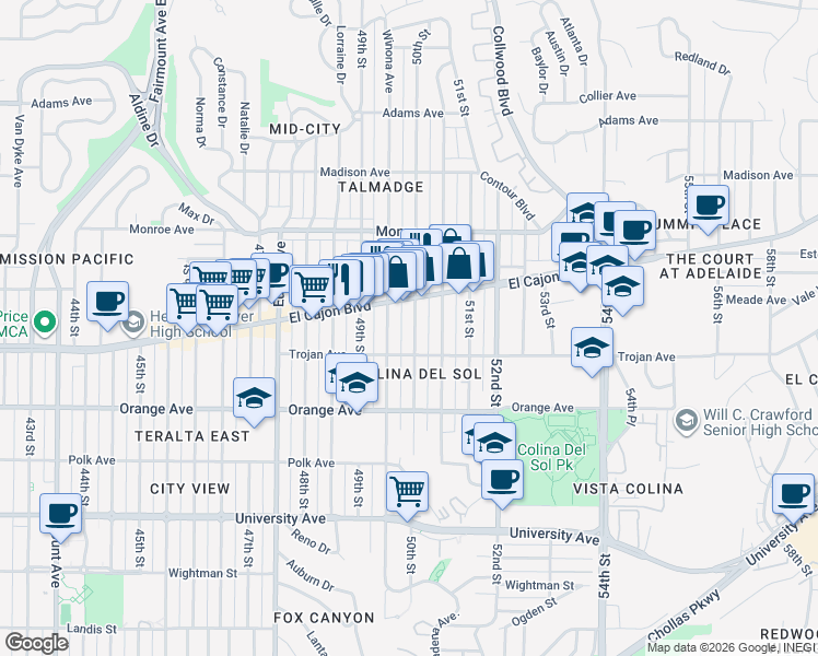 map of restaurants, bars, coffee shops, grocery stores, and more near 4340 50th Street in San Diego