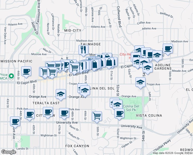 map of restaurants, bars, coffee shops, grocery stores, and more near 4340 50th Street in San Diego