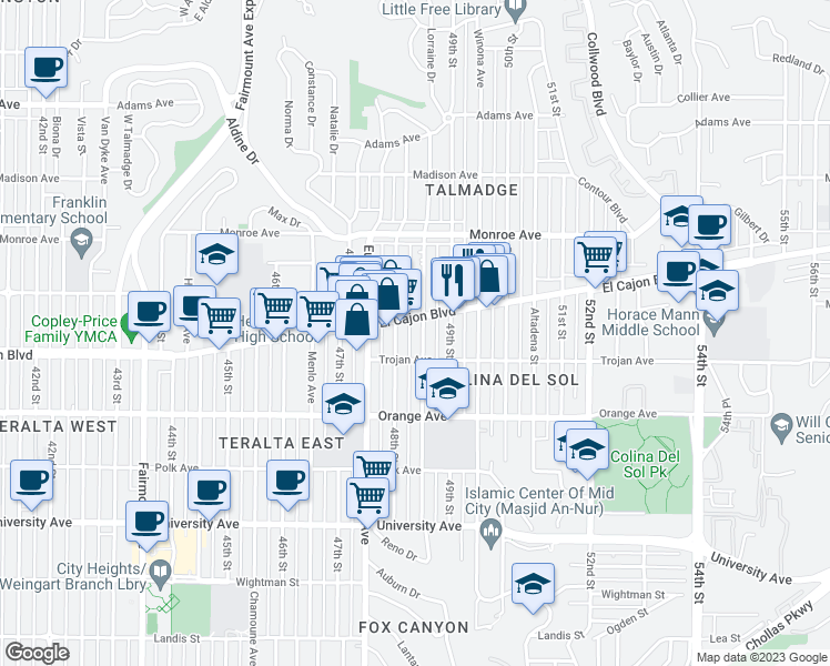 map of restaurants, bars, coffee shops, grocery stores, and more near 4325 Estrella Avenue in San Diego