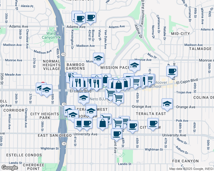 map of restaurants, bars, coffee shops, grocery stores, and more near 4311 El Cajon Boulevard in San Diego