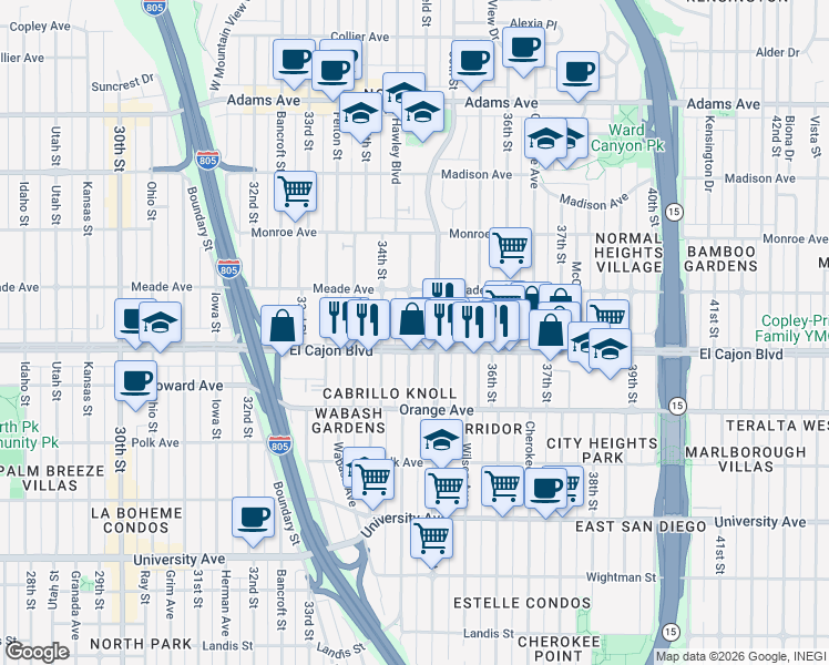 map of restaurants, bars, coffee shops, grocery stores, and more near in San Diego