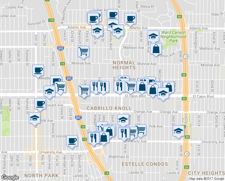 map of restaurants, bars, coffee shops, grocery stores, and more near 3400 El Cajon Boulevard in San Diego