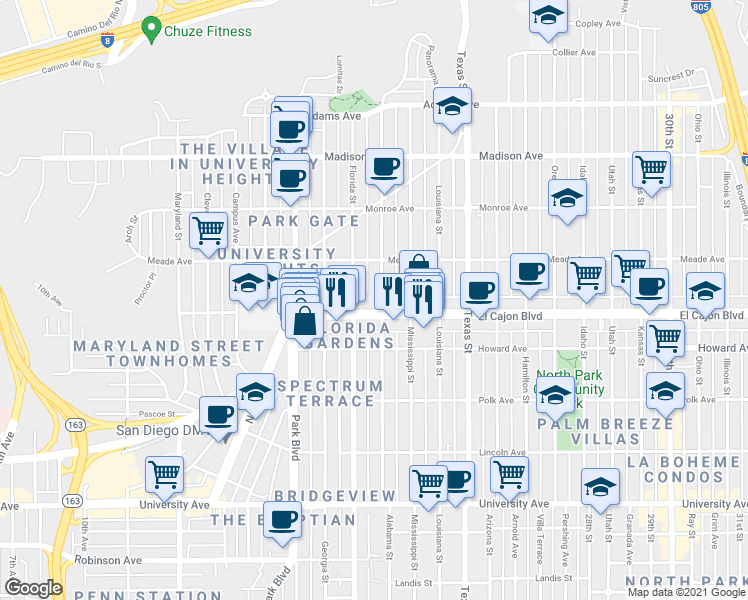 map of restaurants, bars, coffee shops, grocery stores, and more near 1810 El Cajon Boulevard in San Diego