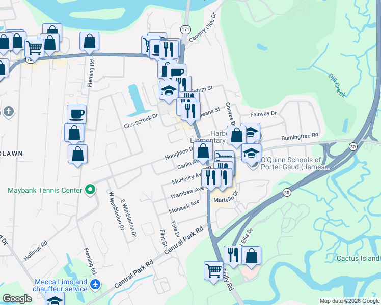 map of restaurants, bars, coffee shops, grocery stores, and more near 1723 Houghton Drive in Charleston