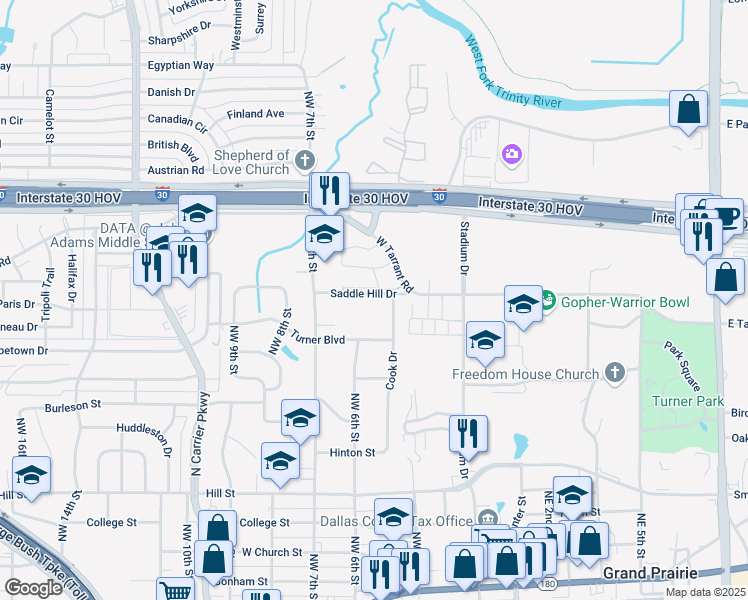 map of restaurants, bars, coffee shops, grocery stores, and more near 507 Saddle Hill Drive in Grand Prairie