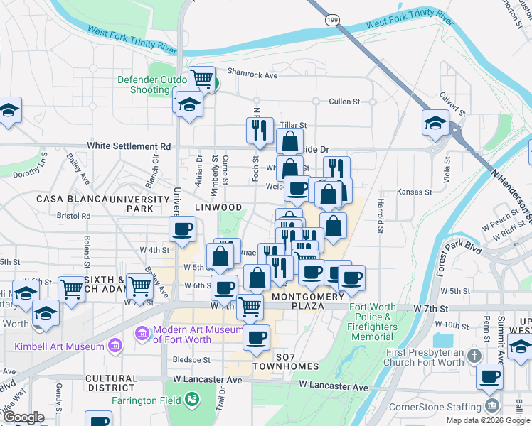 map of restaurants, bars, coffee shops, grocery stores, and more near 2720 Azalea Avenue in Fort Worth