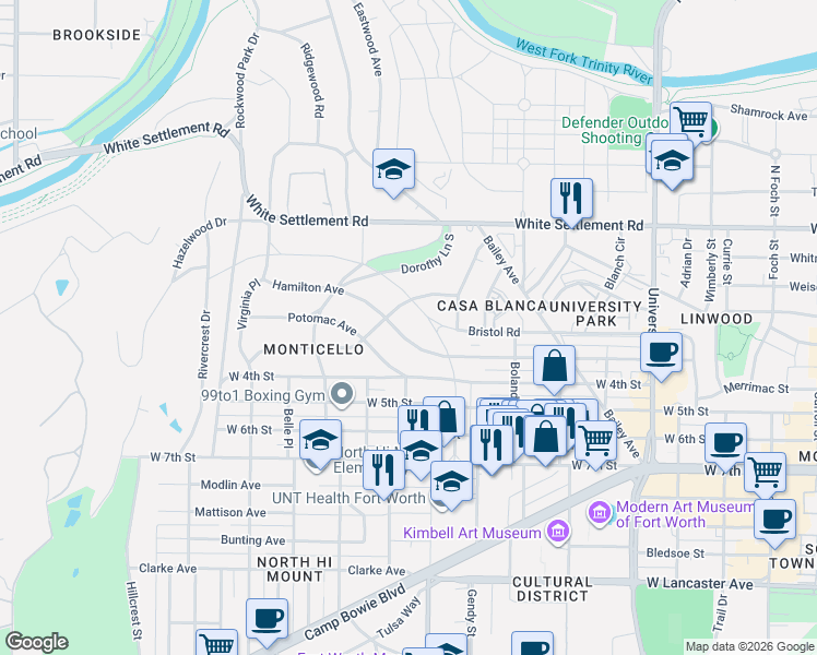 map of restaurants, bars, coffee shops, grocery stores, and more near 3606 Hamilton Avenue in Fort Worth
