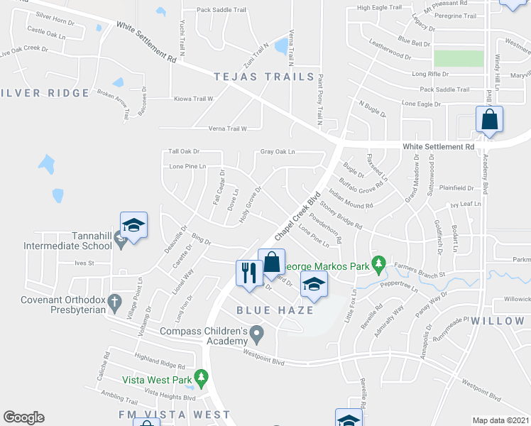 map of restaurants, bars, coffee shops, grocery stores, and more near 10319 Little Valley Road in Fort Worth