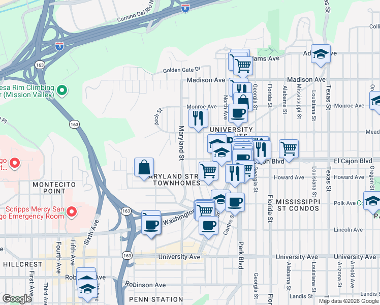 map of restaurants, bars, coffee shops, grocery stores, and more near 1440 Van Buren Avenue in San Diego