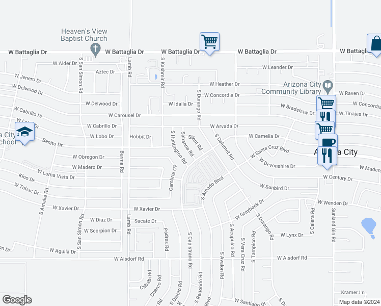 map of restaurants, bars, coffee shops, grocery stores, and more near 13674 South Sabanna Road in Arizona City