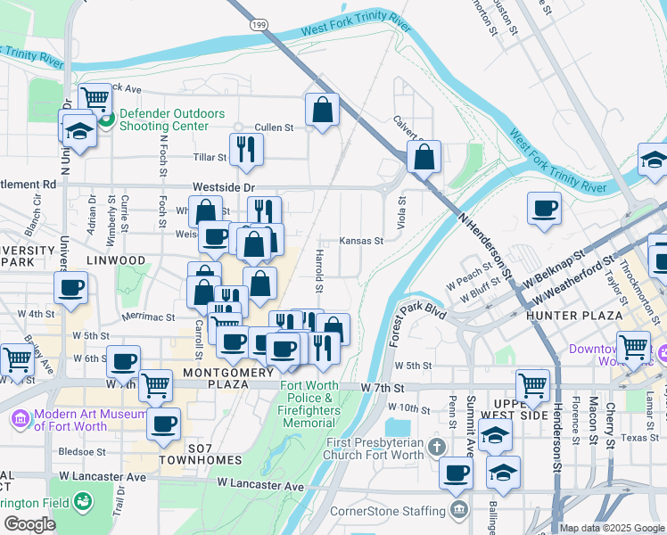 map of restaurants, bars, coffee shops, grocery stores, and more near 336 Greenleaf Street in Fort Worth