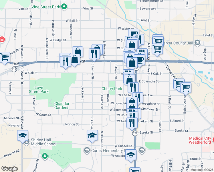 map of restaurants, bars, coffee shops, grocery stores, and more near 300 South Alamo Street in Weatherford