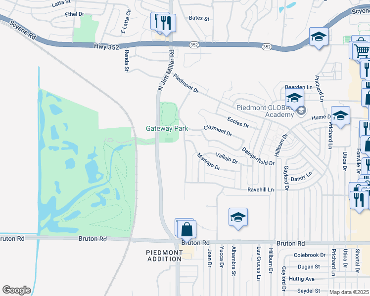 map of restaurants, bars, coffee shops, grocery stores, and more near Santa Cruz Drive in Dallas