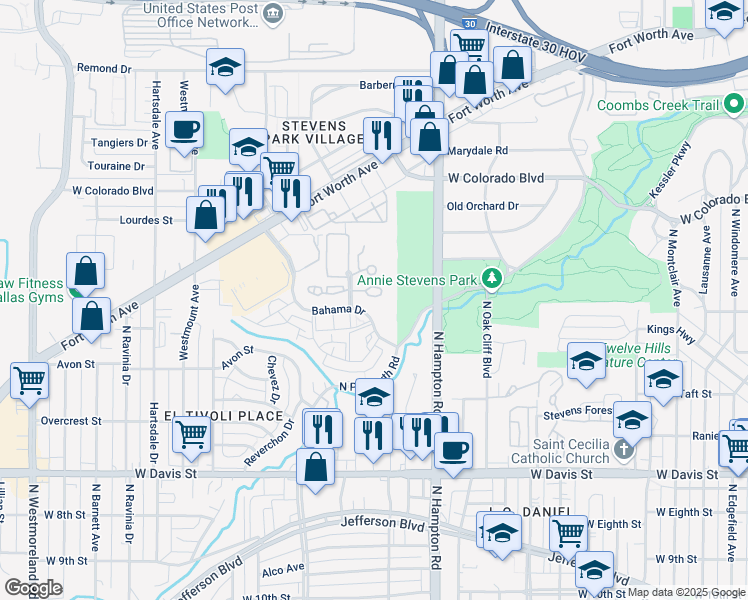 map of restaurants, bars, coffee shops, grocery stores, and more near 2505 Wedglea Drive in Dallas