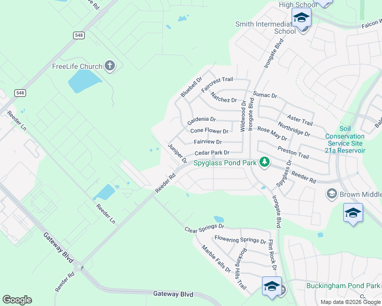 map of restaurants, bars, coffee shops, grocery stores, and more near 2153 Cedar Park Drive in Forney