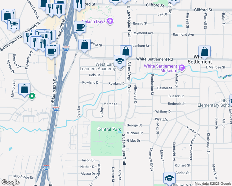 map of restaurants, bars, coffee shops, grocery stores, and more near 406 Grant Circle in White Settlement