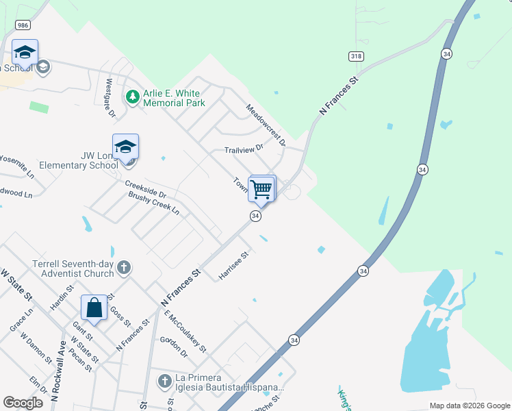 map of restaurants, bars, coffee shops, grocery stores, and more near 1717 North Frances Street in Terrell