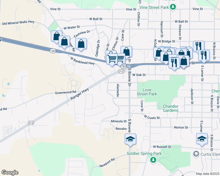 map of restaurants, bars, coffee shops, grocery stores, and more near 1232 Cherokee Street in Weatherford