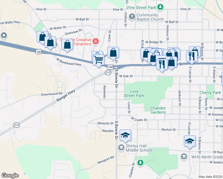 map of restaurants, bars, coffee shops, grocery stores, and more near 314 South Bowie Drive in Weatherford
