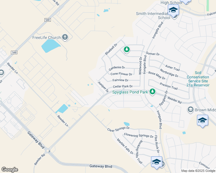 map of restaurants, bars, coffee shops, grocery stores, and more near 2152 Cedar Park Drive in Forney