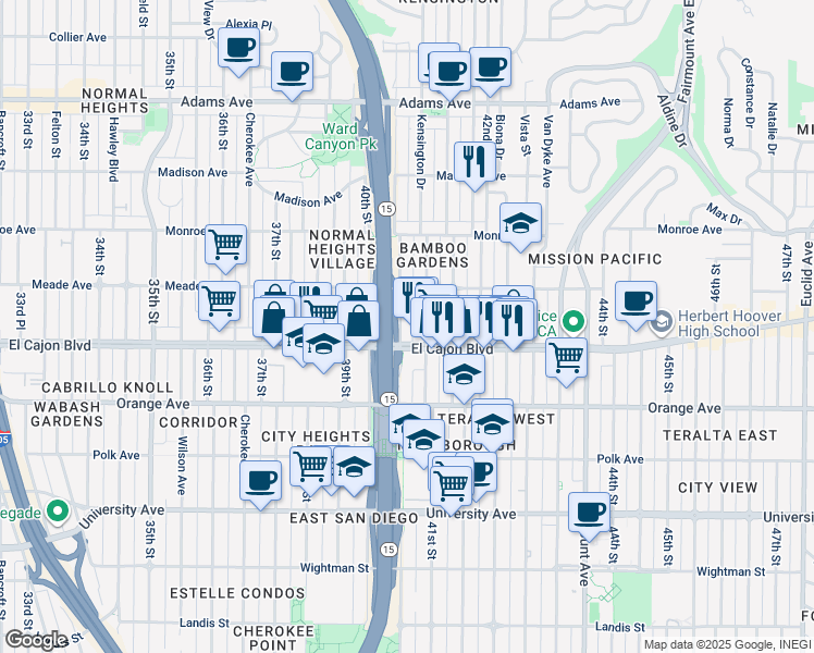 map of restaurants, bars, coffee shops, grocery stores, and more near 4329 Central Avenue in San Diego