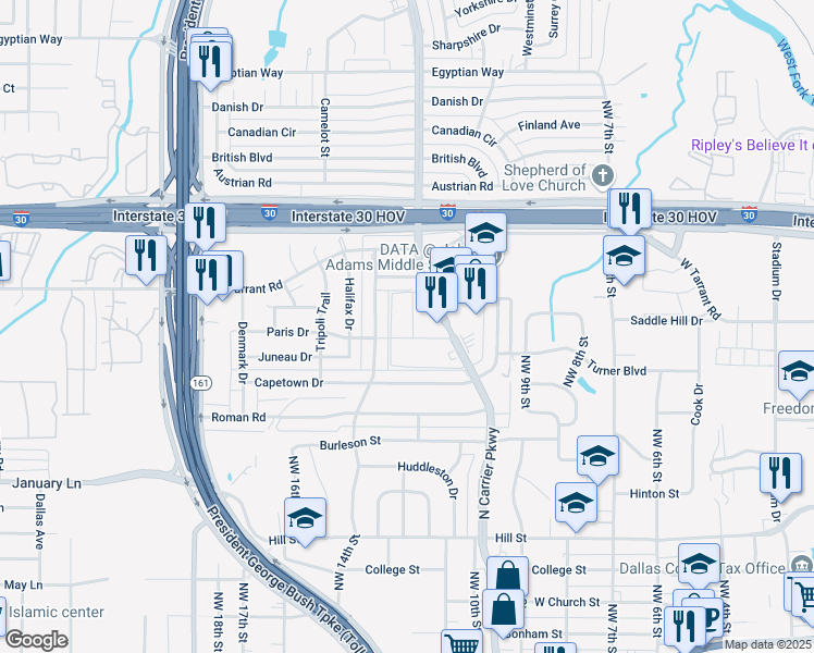 map of restaurants, bars, coffee shops, grocery stores, and more near 8121 Paris Drive in Grand Prairie