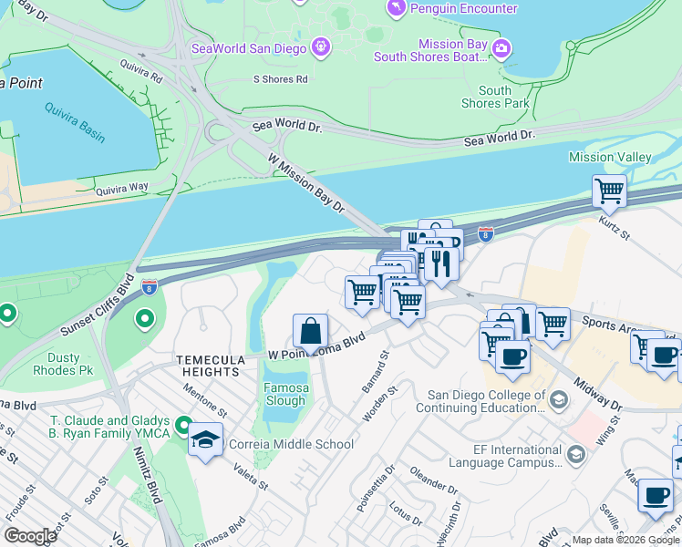 map of restaurants, bars, coffee shops, grocery stores, and more near 4050 Loma Riviera Circle in San Diego
