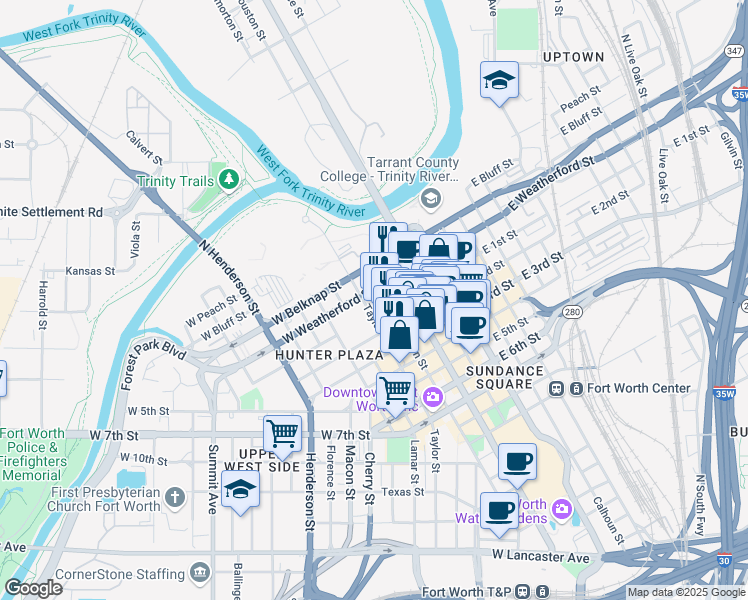 map of restaurants, bars, coffee shops, grocery stores, and more near 180 Taylor Street in Fort Worth