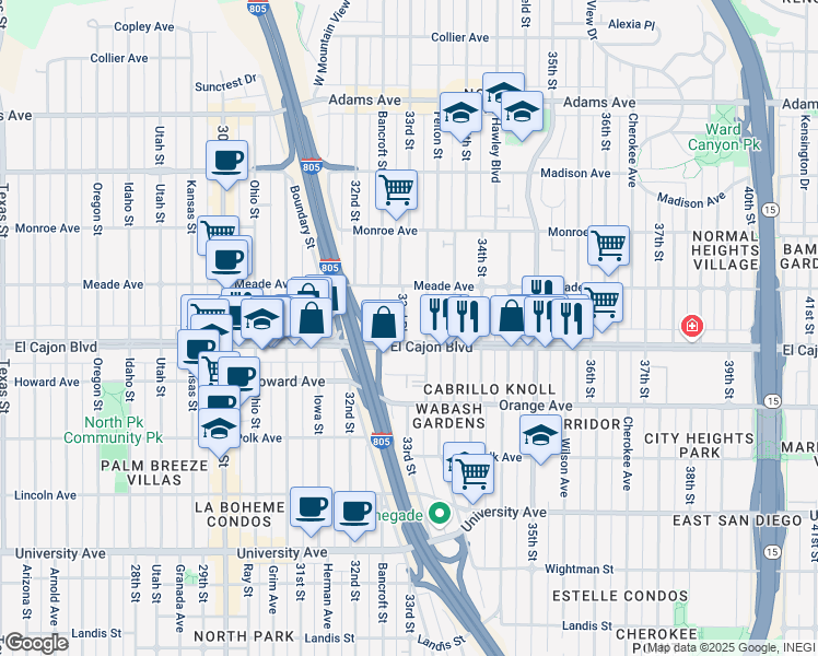 map of restaurants, bars, coffee shops, grocery stores, and more near 3282 El Cajon Boulevard in San Diego