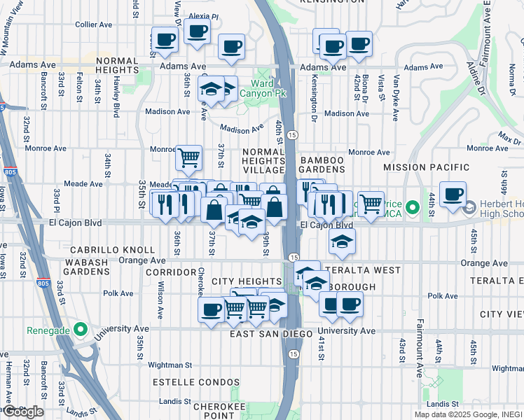 map of restaurants, bars, coffee shops, grocery stores, and more near in San Diego
