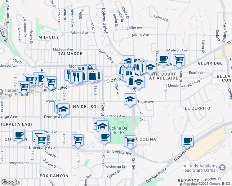 map of restaurants, bars, coffee shops, grocery stores, and more near 4336 53rd Street in San Diego