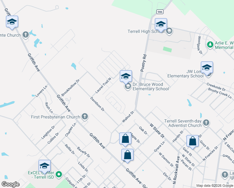 map of restaurants, bars, coffee shops, grocery stores, and more near 118 Poinsetta Circle in Terrell