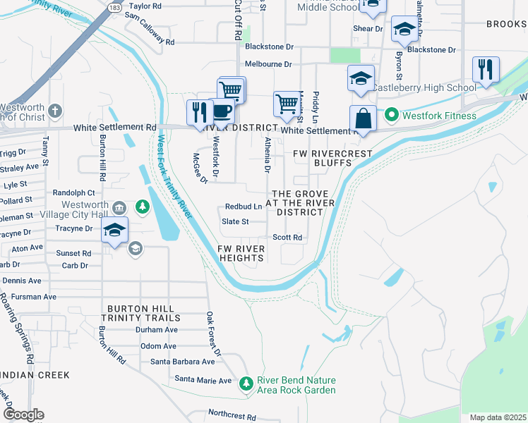 map of restaurants, bars, coffee shops, grocery stores, and more near 316 Athenia Drive in Fort Worth