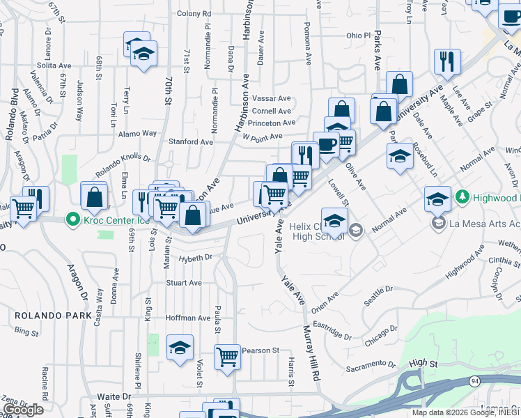 map of restaurants, bars, coffee shops, grocery stores, and more near 7282 University Avenue in La Mesa