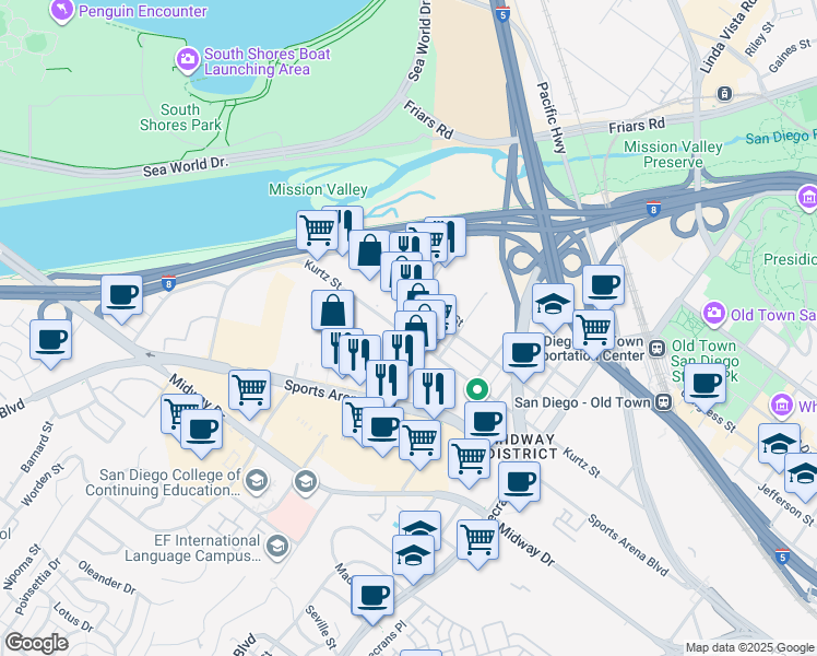 map of restaurants, bars, coffee shops, grocery stores, and more near 3487 Kurtz St in San Diego