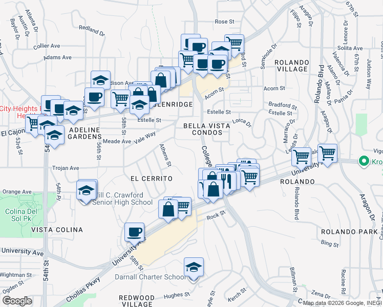 map of restaurants, bars, coffee shops, grocery stores, and more near 4320 60th Street in San Diego