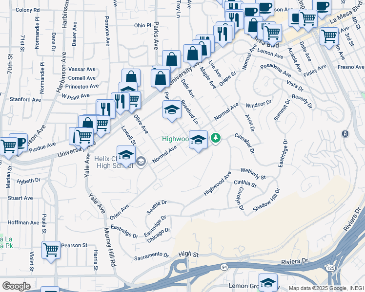 map of restaurants, bars, coffee shops, grocery stores, and more near 4279 Schoolridge Lane in La Mesa