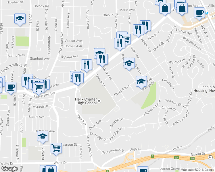 map of restaurants, bars, coffee shops, grocery stores, and more near 4287 Lowell Street in La Mesa
