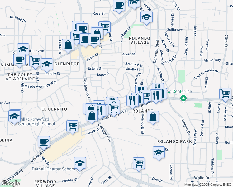 map of restaurants, bars, coffee shops, grocery stores, and more near 6236 Tarragona Drive in San Diego
