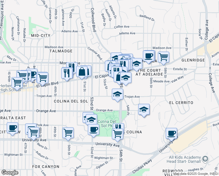 map of restaurants, bars, coffee shops, grocery stores, and more near 4321 53rd Street in San Diego