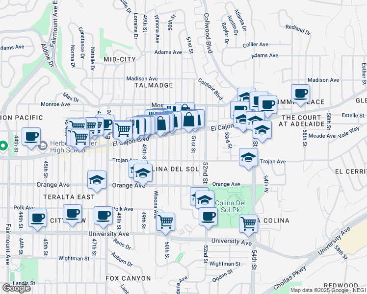 map of restaurants, bars, coffee shops, grocery stores, and more near 4321 Altadena Avenue in San Diego