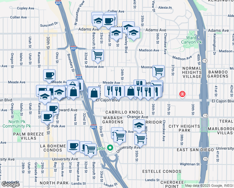 map of restaurants, bars, coffee shops, grocery stores, and more near in San Diego