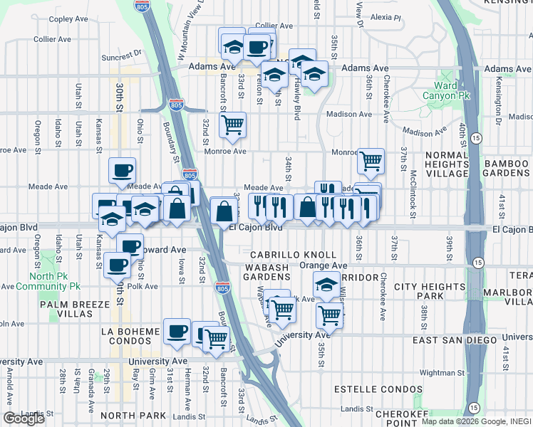 map of restaurants, bars, coffee shops, grocery stores, and more near in San Diego