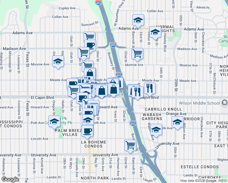 map of restaurants, bars, coffee shops, grocery stores, and more near 3154 El Cajon Boulevard in San Diego